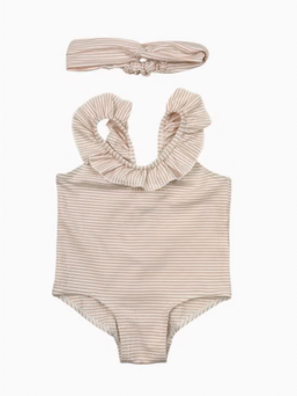 Striped Ruffle One-Piece Swimsuit with Headband - Beige Stripe